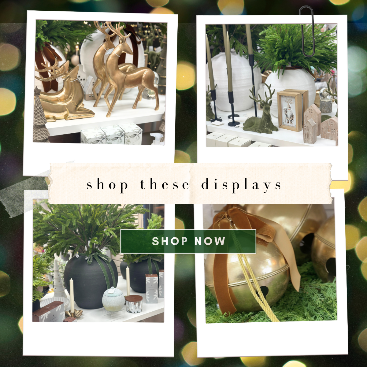 Shop this Display Woodland Luxe — Elevated Christmas Decor Inspired by Nature Step into our Woodland Luxe collection, where modern holiday elegance meets the magic of the forest. This curated display blends rich textures, organic elements, and metallic holiday accents to create a warm, inviting Christmas look that feels both timeless and sophisticated. Designed for those who love earthy, neutral palettes and elevated seasonal décor, Woodland Luxe brings nature-inspired beauty into every corner of your home. Discover golden reindeer figurines, sculptural and sleek, perfect for mantel styling, centrepieces, or modern holiday vignettes. Their warm metallic finish instantly adds depth and luxury to any display. Pair them with our soft moss-green velvet deer, a customer favourite for adding cozy forest charm and woodland whimsy to shelves, tables, and entryways. Surround your décor with lush, lifelike evergreen branches, arranged in oversized matte vases for an effortlessly high-end look. These realistic stems create height, drama, and movement—an easy way to bring the outdoors in without any maintenance. Complement the greenery with black and brass candlesticks and rich sage taper candles for a moody, modern glow that ties the entire look together. No Woodland Luxe display is complete without the iconic scents of the season. Shop bestselling Thymes Frasier Fir and Thymes Highland Frost, beautifully packaged and perfect for gifting or elevating your home with crisp, fresh-cut evergreen notes. Explore aromatic candles, room sprays, hand washes, and gift sets that pair seamlessly with this natural, luxurious aesthetic. You’ll also find warm wooden houses, metallic trees, sculpted décor pieces, and handcrafted textures that all contribute to the elevated, earthy feel of the display. Every item is curated to layer beautifully—creating a peaceful, polished, woodland-inspired Christmas that looks like it was styled straight from a boutique magazine spread. Shop the entire Woodland Luxe Collection online or visit us in-store at Home Treasures & More in Willow Park Village, Calgary, to experience this display in person. Your dream forest-chic Christmas starts here—organic, modern, and magically luxurious.