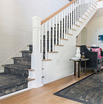 custom grey/white stair runner with matching area rug