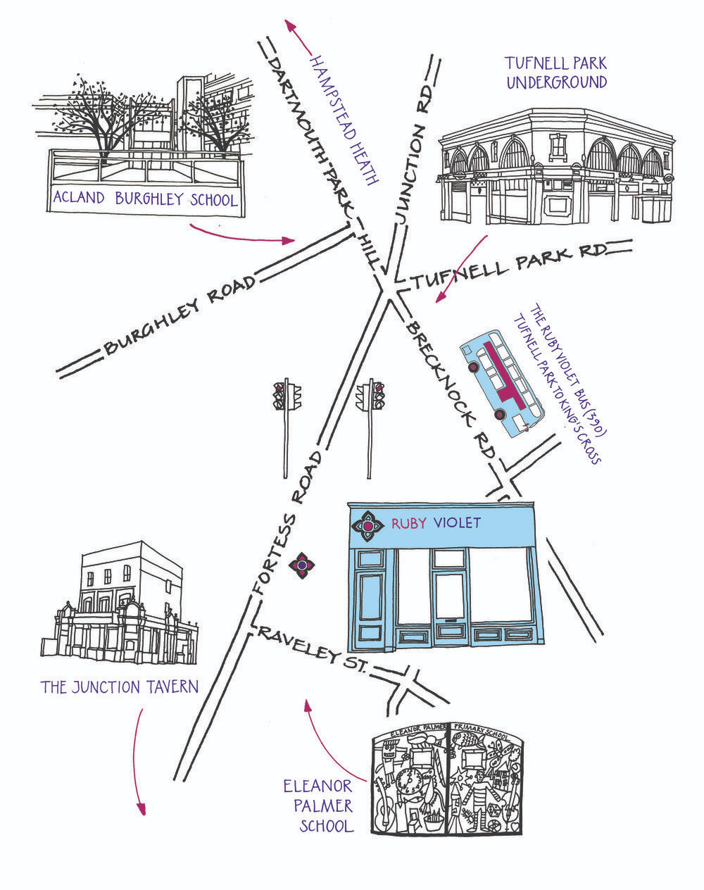 A hand drawn map of Tufnell Park with the Ruby Violet Parlour drawn by Christine Nicholls
