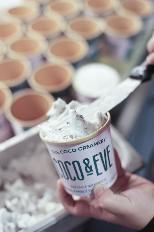Bespoke vegan coconut chocolate chip ice cream for Coco and Eve collaboration