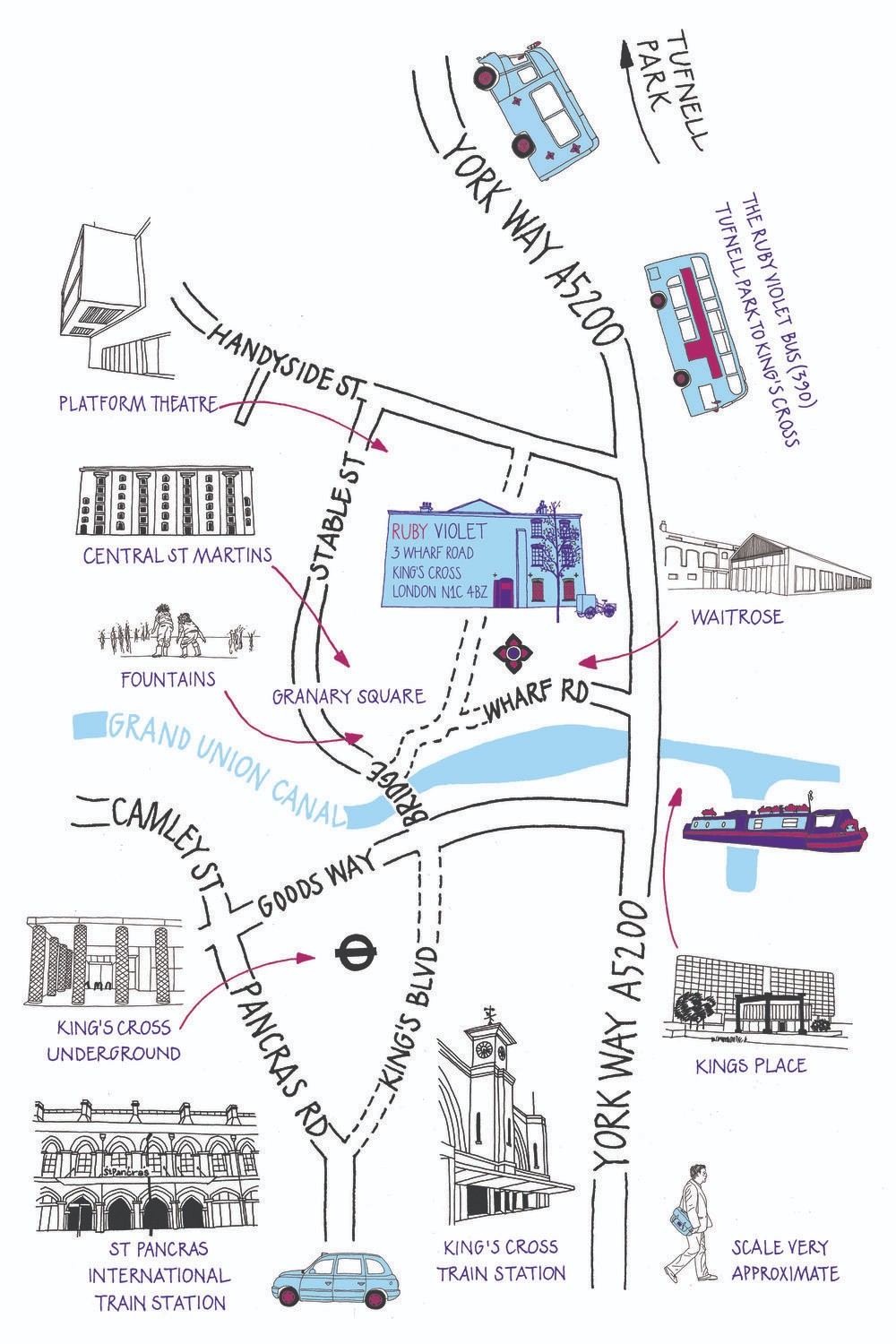 A hand drawn map of King's Cross with the Ruby Violet Parlour drawn by Christine Nicholls