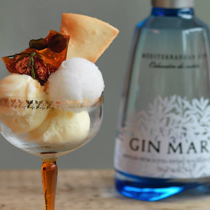 Gin Mare bottle with bespoke Ruby Violet sorbets and toppings