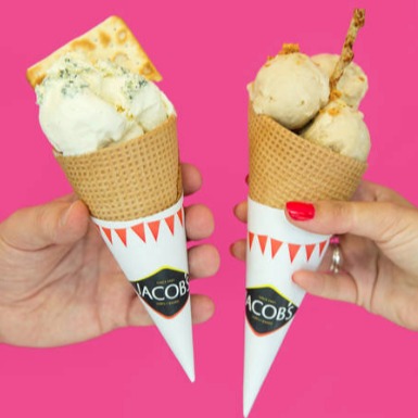Bespoke savoury ice cream in two cones for Jacob's