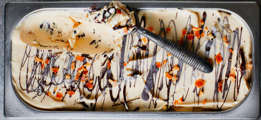 Orange choc chip ice cream in a Napoli pan