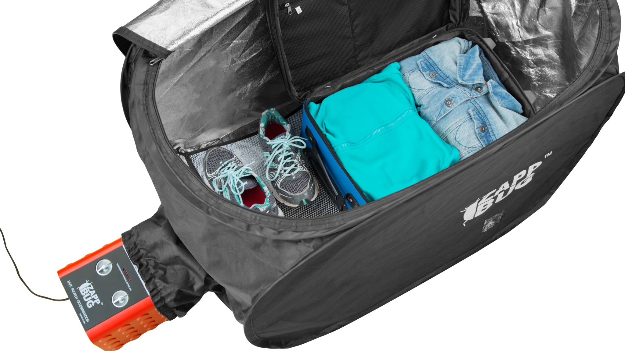 ZappBug Heater loaded with luggage and clothes